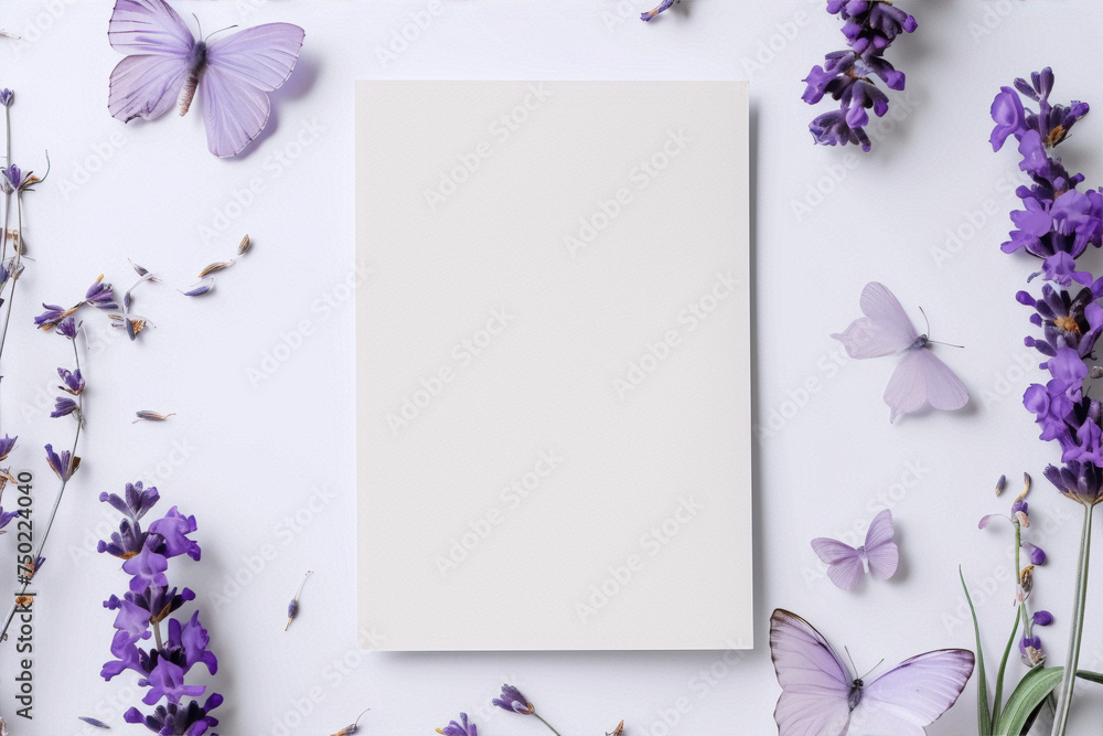 Fine art photography of purple flowers and lavender with a blank space in the middle.