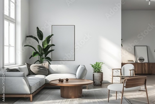 Minimalist scandinavian-style living room interior Emphasizing clean lines Functional design And a serene atmosphere Ideal for modern home decor inspiration © Bijac