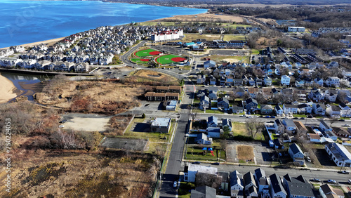 Aerial view of South Amboy, New Jersey with Raritan Bay in the distance