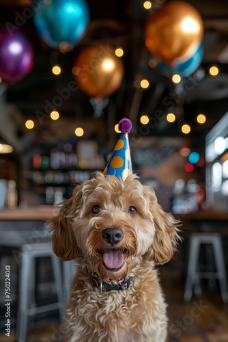 Portrait of happy and cute Maltipoo Dog in party hat celebrating birthday, pets concept