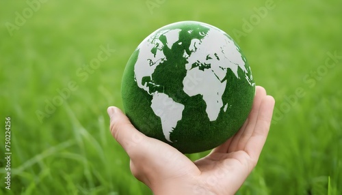 Hand holding globe, environment, ecology concept, save the world, conservation, co2, climate, forest green grass background created with generative ai.