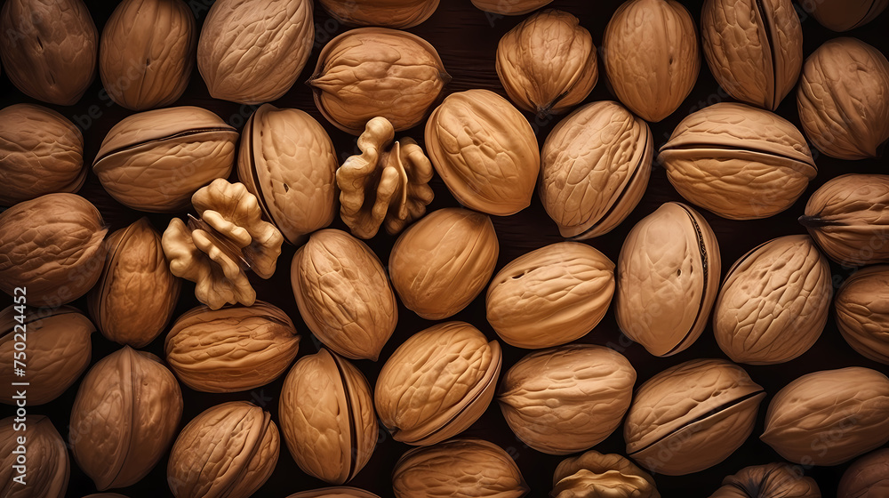 Background with walnut nuts, top view of nuts Background with walnut nuts, top view of nuts