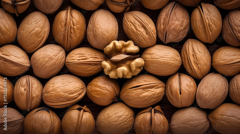 Background with walnut nuts, top view of nuts Background with walnut nuts, top view of nuts