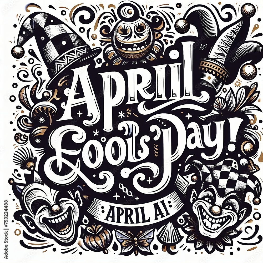 April Fool's Day design with hand drawn decorative lettering, laughing cartoon faces and jester hat for greeting cards, banners, flyers, created with generative ai	

