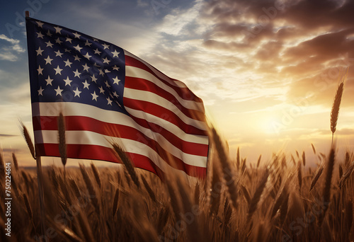wheat rye field, american flag field, sunlit wheat field, golden light streaming, independence day concept, amidst the golden stalks
