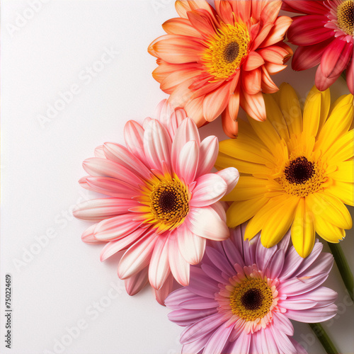 Five multi-colored Gerberas on a white background  photographed up close.
