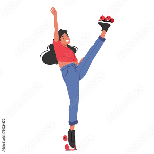 Youthful Woman Character Joyfully Roller Skating, Her Leg Gracefully Raised In Mid-motion, Showcasing Her Skill