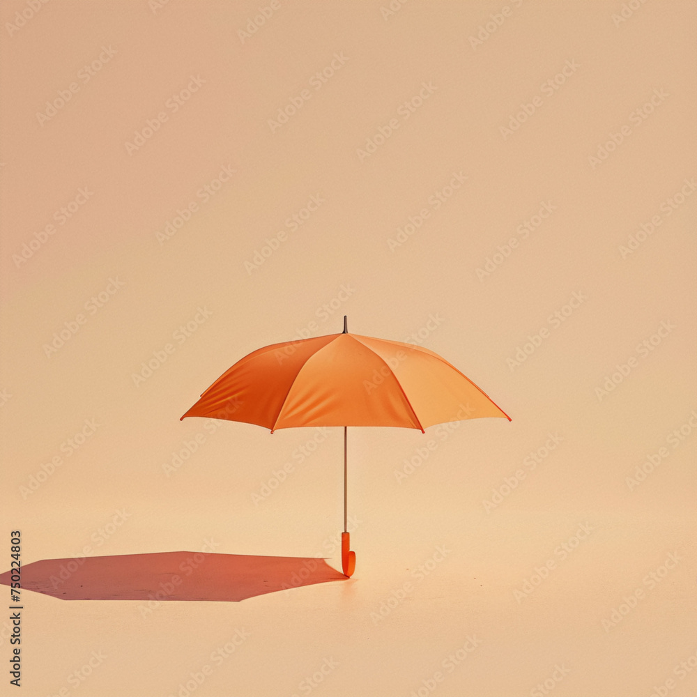 3D rendering of a single orange umbrella against a beige background in a surreal minimal style.