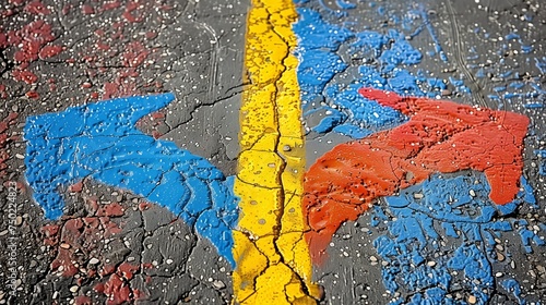 Colorful arrows on wet asphalt pointing in opposite directions photo