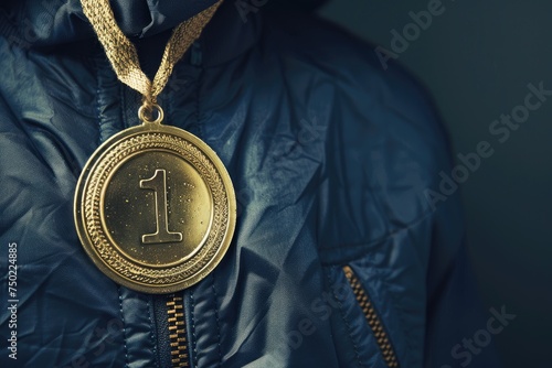 An up-close image of a gold medal hanging around the neck of a person showcasing achievement and success