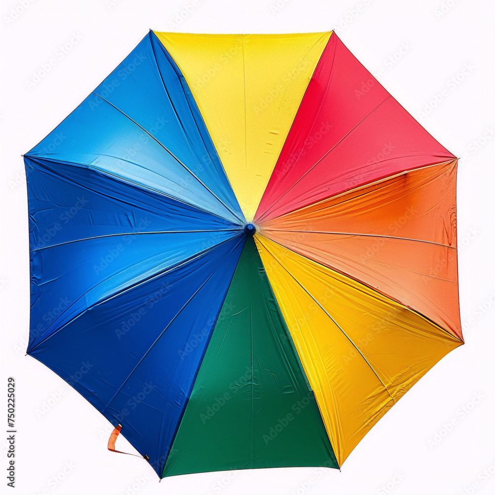 A colorful opened umbrella isolated on white background, with blue, green, yellow, orange and red colors.