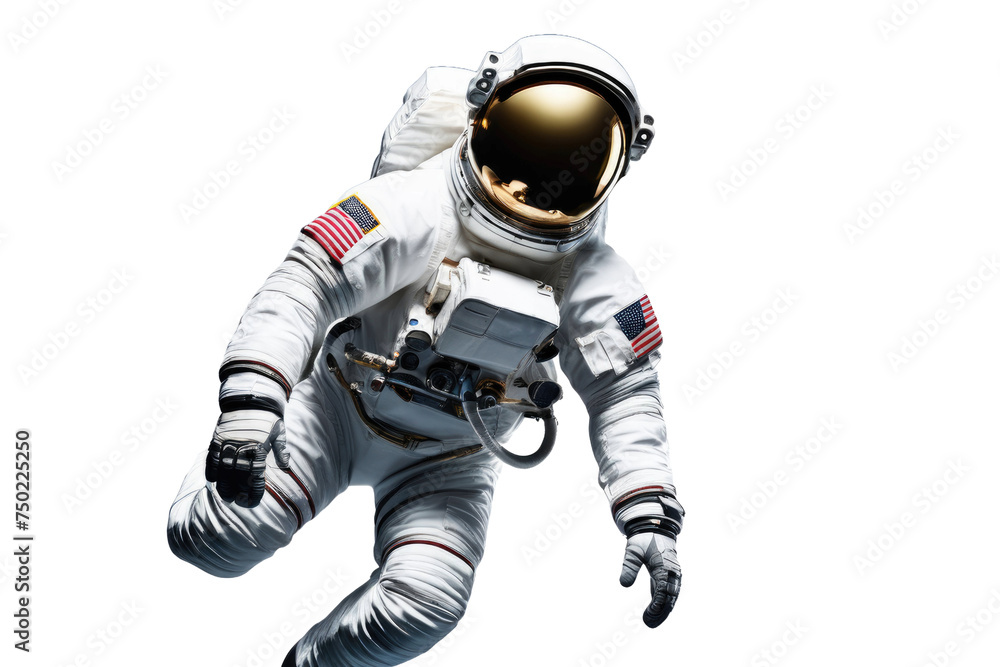 A high quality stock photograph of a single flying astronaut isolated on a white background