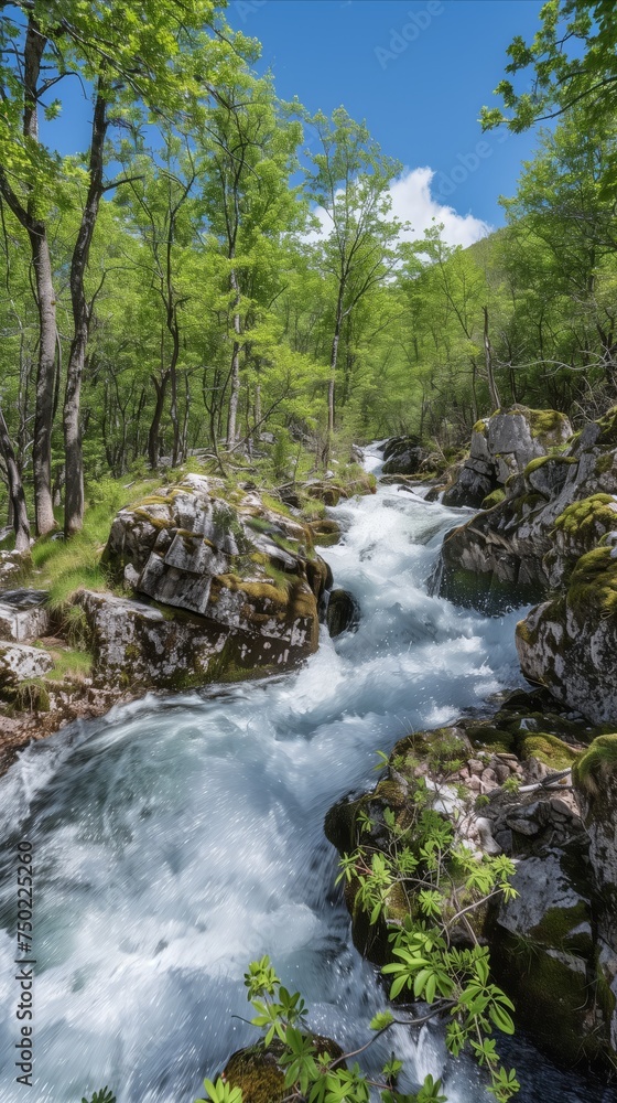 Serene mountain stream flowing through lush forest