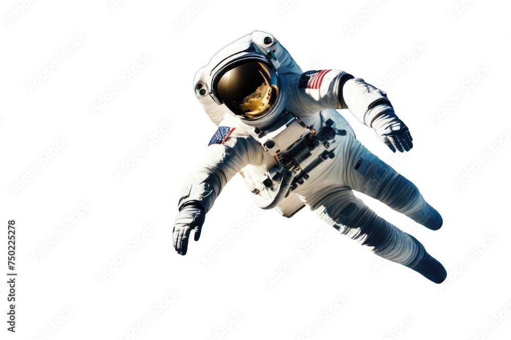 A high quality stock photograph of a single flying astronaut isolated on a white background A high quality stock photograph of a single flying astronaut isolated on a white background
