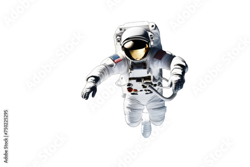 A high quality stock photograph of a single flying astronaut isolated on a white background