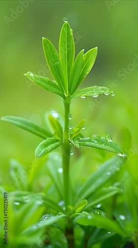 Vibrant green sprout with fresh water droplets