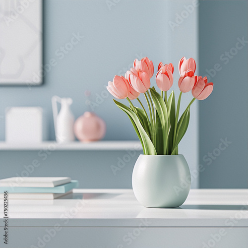 3D render of pink tulips in a vase on a white table with a blurred background in pastel colors.