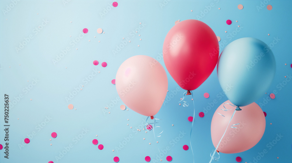 Pink , blue and cream balloons against a blue background with pink confetti evoke a cheerful and festive celebration.