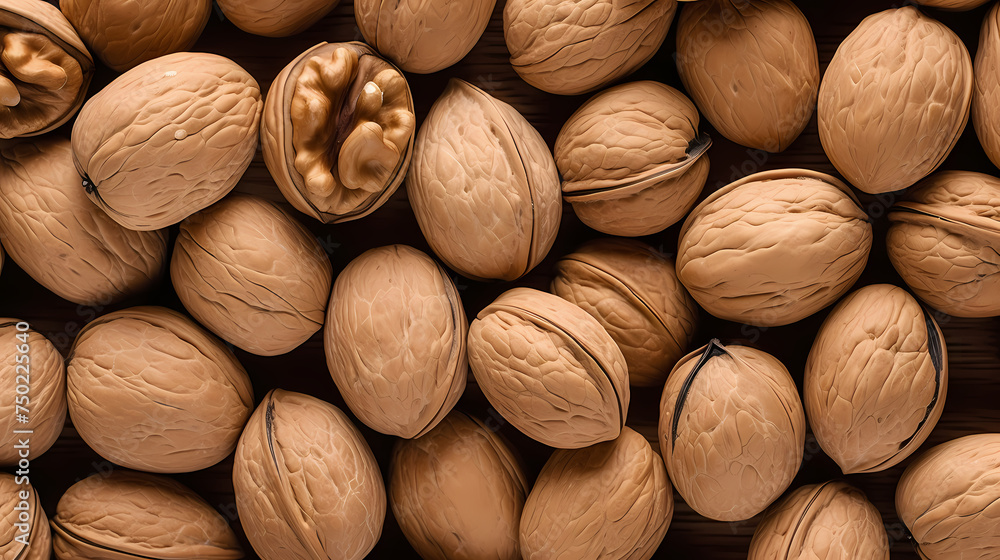 Background with walnut nuts, top view of nuts Background with walnut nuts, top view of nuts
