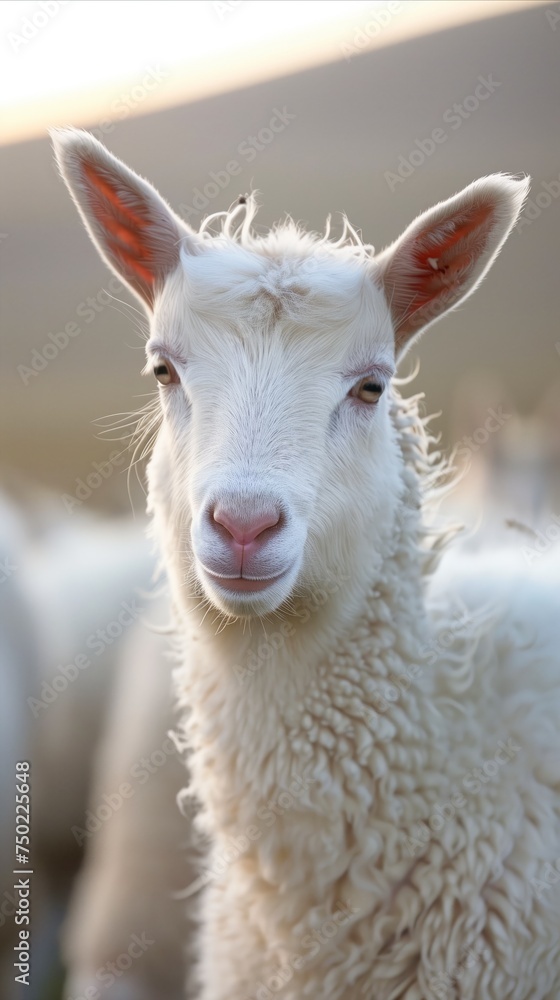 Close-up of a peaceful white goat at sunset