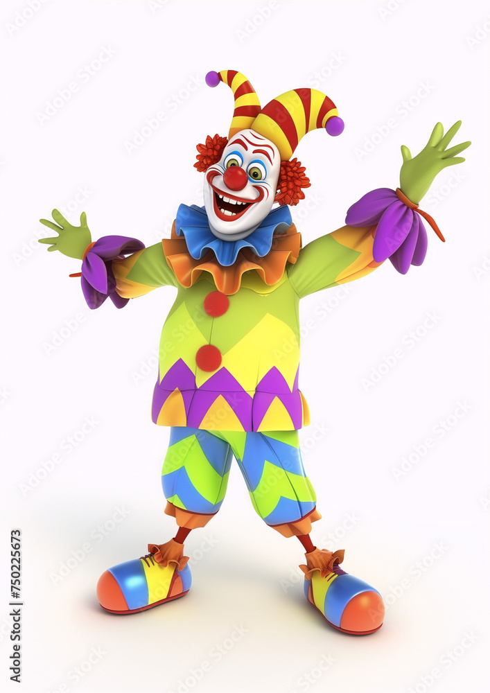 Naklejka premium 3d illustration of a happy clown with a red nose, wearing a colorful costume and a jester's hat