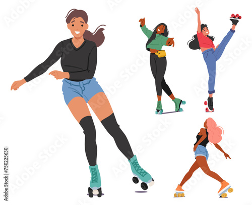 Graceful Teen Girl Characters Glide On Roller Skates, Weaving Through The Rink With Effortless Flair Vector Illustration