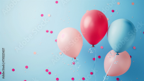 Pink   blue and cream balloons against a blue background with pink confetti evoke a cheerful and festive celebration.