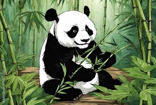 Panda bear in green bamboo forest wildlife nature illustration 