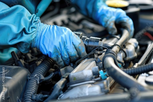 The mechanic's hands wearing blue gloves are working on car engine parts, performing maintenance or repair