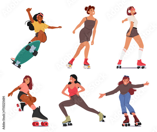 Teen Girls Glide Effortlessly On Roller Skates, Laughter Echoing In The Park, Hair Flowing, As They Maneuver Gracefully