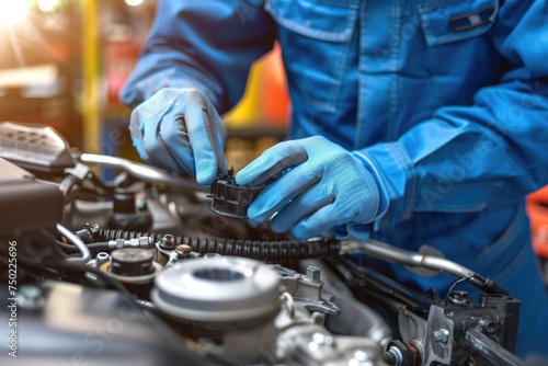 A focused mechanic with protective blue gloves fits a component within the car's engine system in a workshop