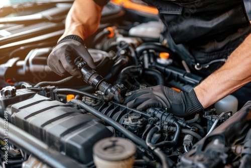 Professional mechanic in black gloves services car engine, carefully adjusting parts for performance