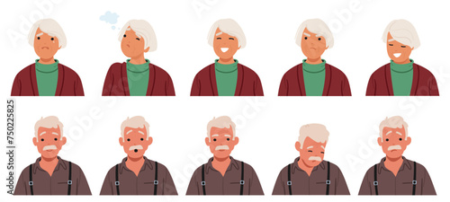 Old Man And Woman Face Expressions And Emotions. Male Or Female Characters Thinking, Feel Joy, Upset And Confusion