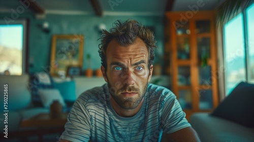 Portrait of a Middle-Age Man With an Intense Blue Eyes Stare  Enveloped in the Tranquil Atmosphere of a Seaside Home