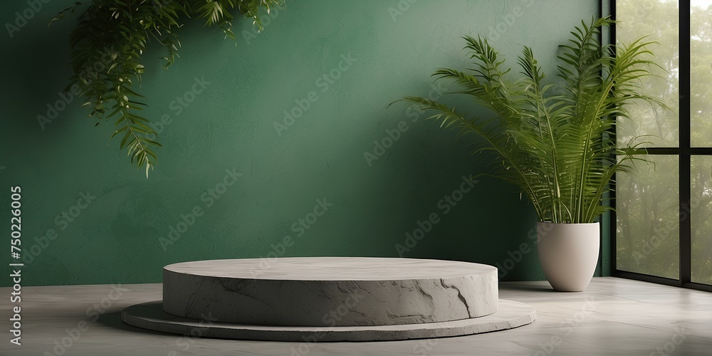 Natural stone platform with foliage backdrop for product exhibition. Natural stone platform with foliage backdrop for product exhibition.