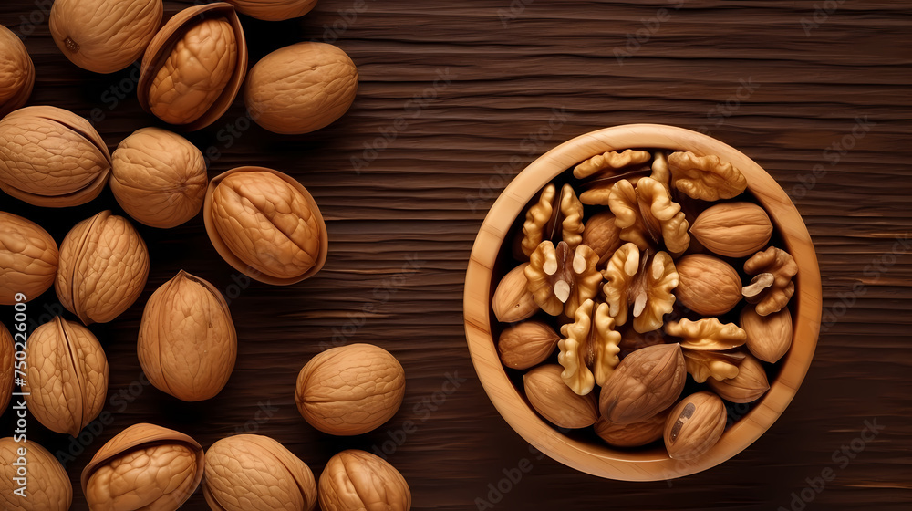 Background with walnut nuts, top view of nuts Background with walnut nuts, top view of nuts