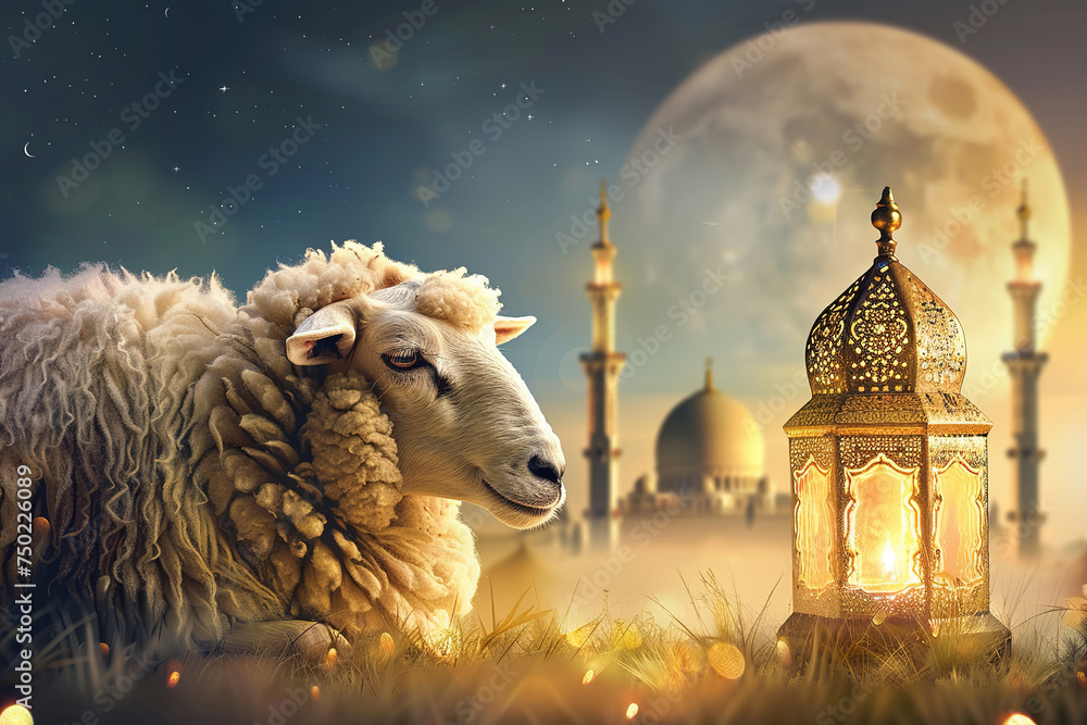 Naklejka premium Sheep with lantern at night in front of mosque, 3d rendering, Ai Generated