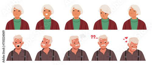 Old Man and Woman Face Expressions And Emotions. Male or Female Characters Feel Joy, Sorrow, And Confusion, Smile