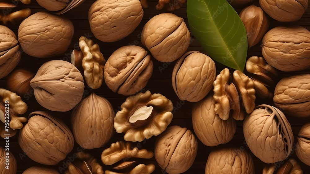 Background with walnut nuts, top view of nuts Background with walnut nuts, top view of nuts
