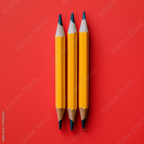 Three sharpened yellow pencils on red background, arranged vertically, minimalist still life photography