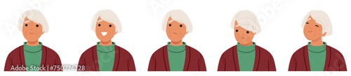 Old Woman Facial Emotions. Senior Female Character Calm, Smile, Upset And Happy. Granny Exudes Wisdom, Empathy