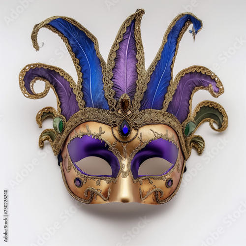 ornate and colorful venetian carnival mask with feathers in purple and blue