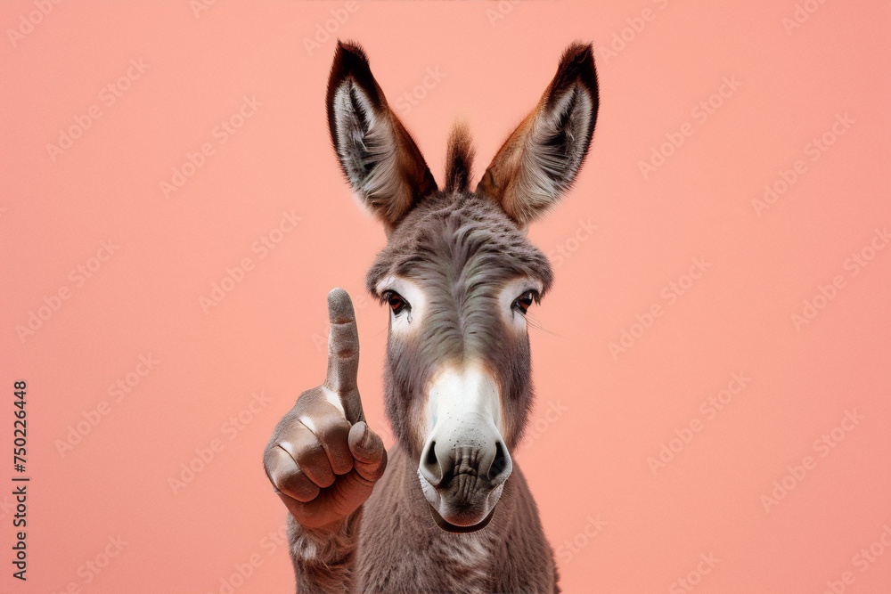 A photo of a donkey in front of a pink background