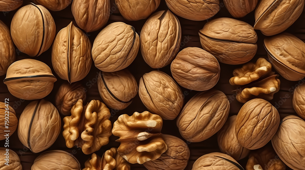 Background with walnut nuts, top view of nuts Background with walnut nuts, top view of nuts
