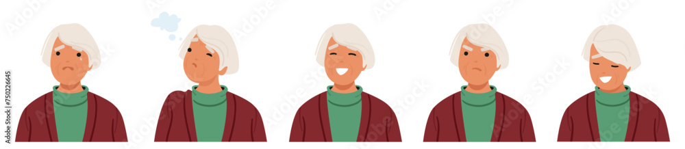 Old Woman Facial Emotions Set Ranging From Joy, Serenity, Skepticism And Nostalgia Sorrow To Sadness, Worry Old Woman Facial Emotions Set Ranging From Joy, Serenity, Skepticism And Nostalgia Sorrow To Sadness, Worry