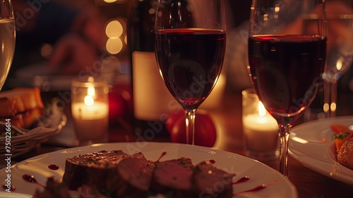 Romantic dinner with glass of wine and meat dish. Background concept photo