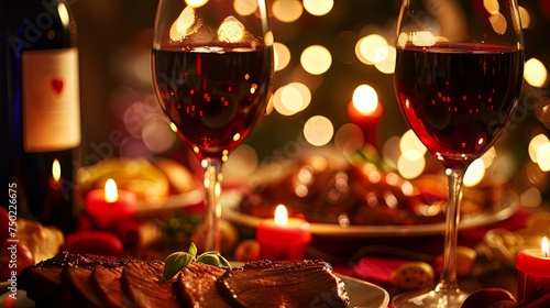 Romantic dinner with glass of wine and meat dish. Background concept photo