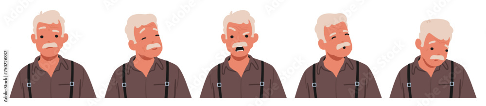 Old Man Face Emotions Set. Senior Grey Haired Male Character Feel Joy with Happy Eyes, Sorrow, Wisdom, Smile, Anger