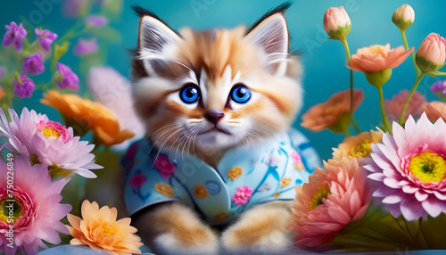 kitty and flowers, a cute baby cat wearing cloth, background is flower, wallpaper and wall art photo