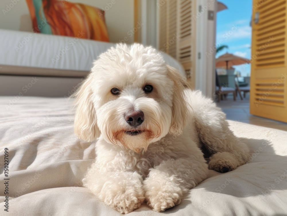 Relaxed dog lounging in bed. A content dog lying enjoying a lazy day on a plush bed. Concept of pets friendly hotel or home bedroom. Pet in hotel room Relaxed dog lounging in bed. A content dog lying enjoying a lazy day on a plush bed. Concept of pets friendly hotel or home bedroom. Pet in hotel room